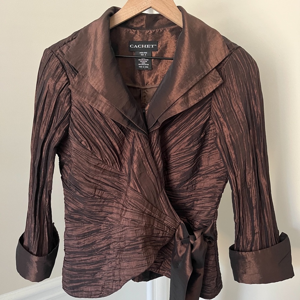 CACHET Vintage Copper Brown Satin Crop Crossover Wrap Jacket Top Lined Women’s 8 - Picture 4 of 11
